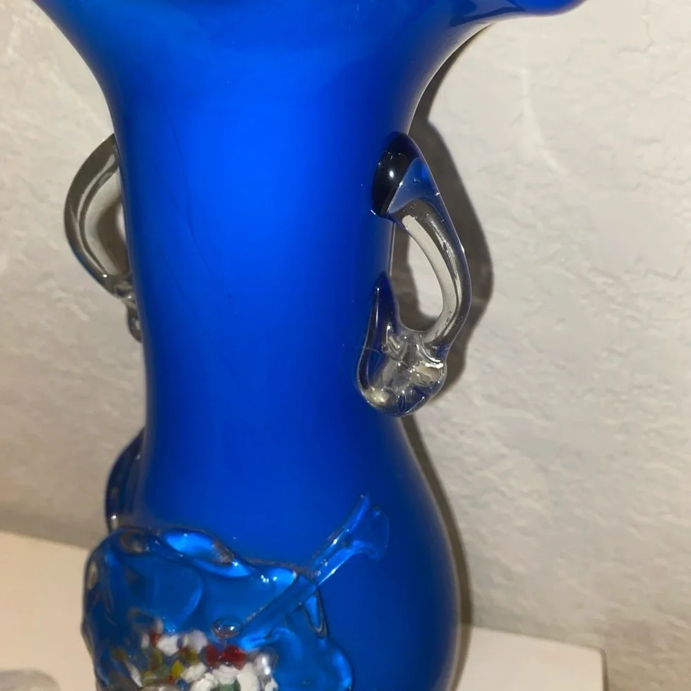 Vintage Hand Blown Confetti Fused Plum Blossom Cobalt Blue Glass MCM Vase 9.5”H